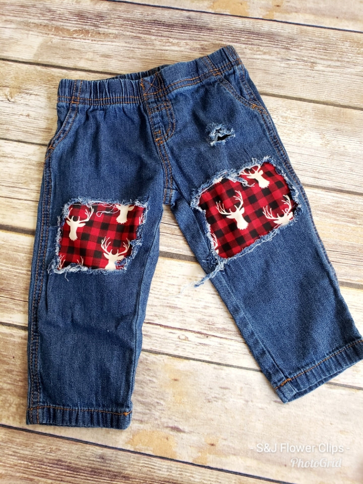 Buffalo Plaid Deer Boys Distressed Jeans Christmas Girls Distressed Jeans