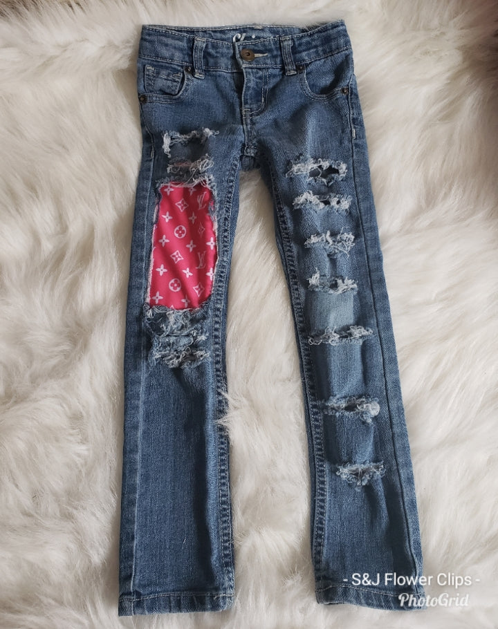 Pink LV Designer Girls Distressed Jeans