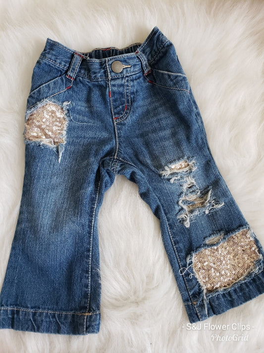 Rose Gold Sequins Girls Distressed Jeans