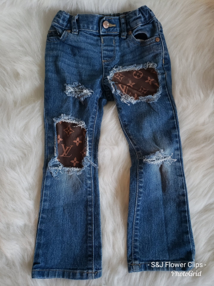 Brown LV Girls Distressed Jeans Designer