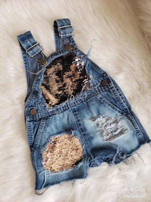 Gold Brown Sequin Distressed Overalls Shortalls Jumper