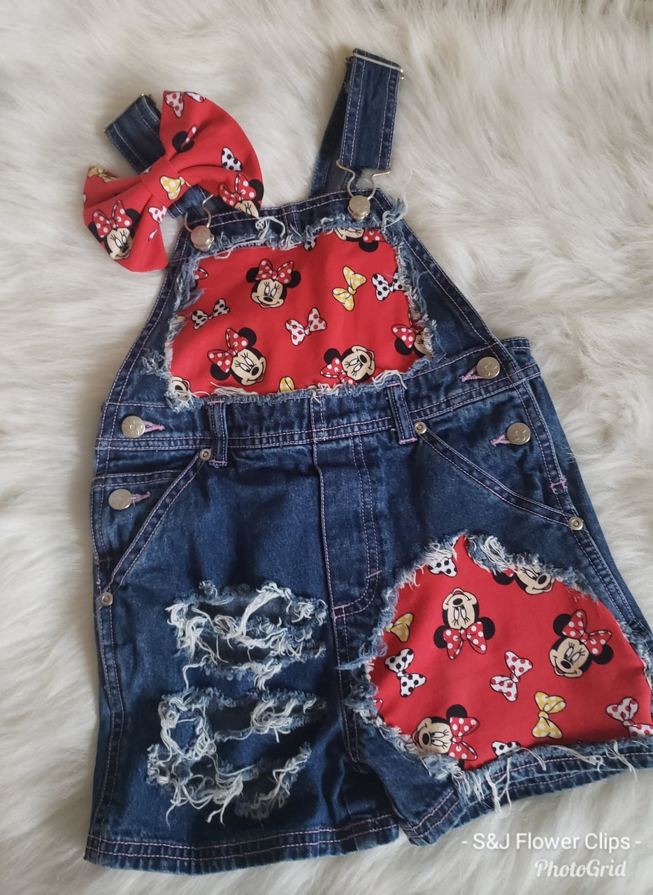 Girls Red Minnie Mouse Distressed Overalls Shortalls Jumper