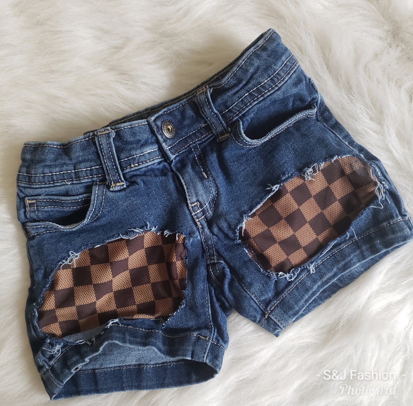 Checker LV Designer Girls Distressed Jeans Shorts Peeka Boo