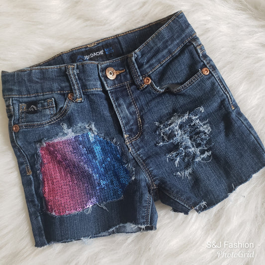 Rainbow Sequin Girls Distressed Jeans Shorts