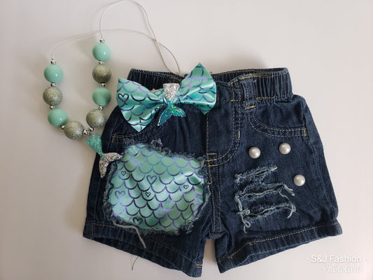 Girls Mermaid Heart Scale Distressed Shorts