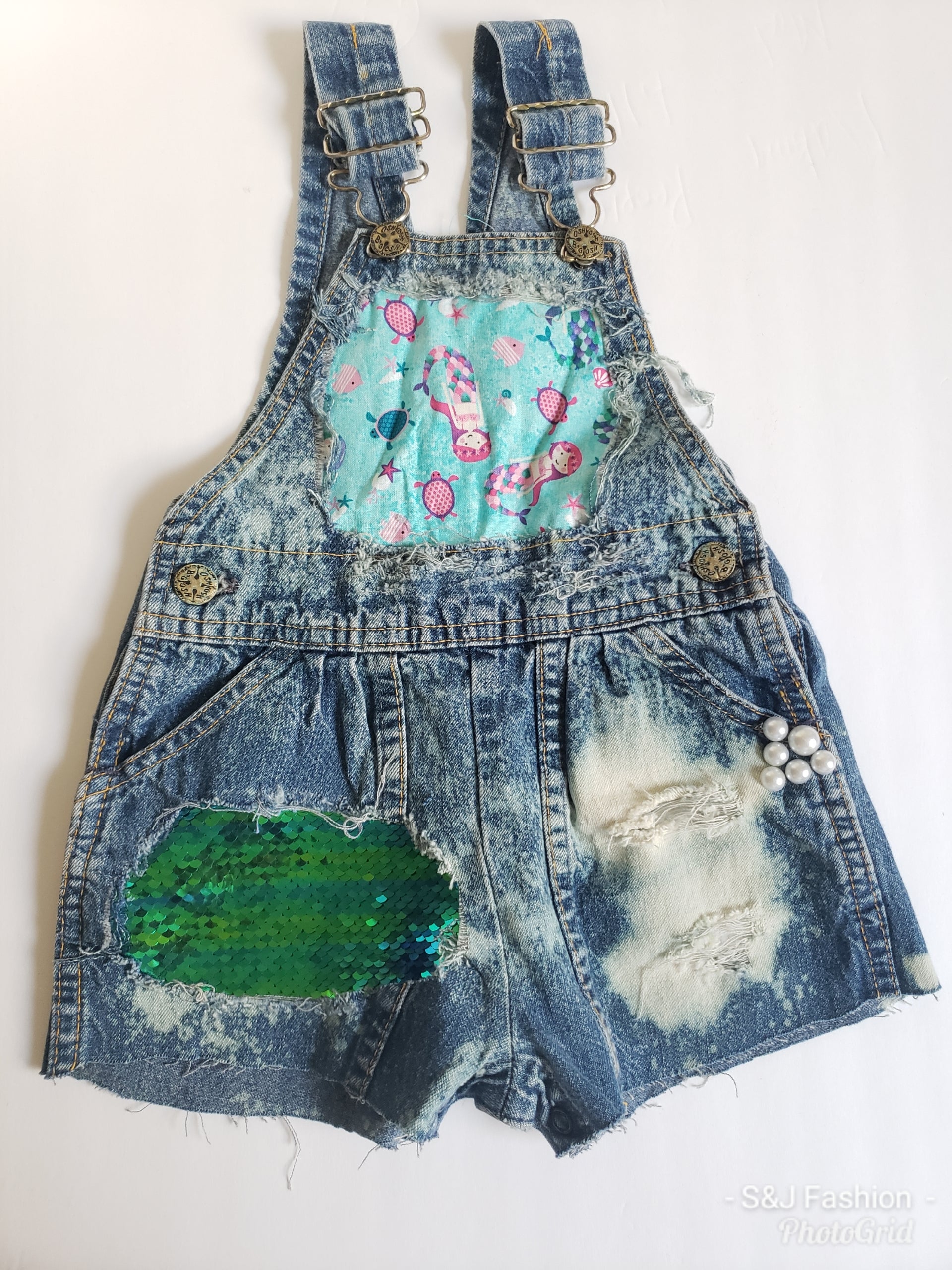 Girls Mermaid Sequin Distressed Overalls Shortalls Jumper