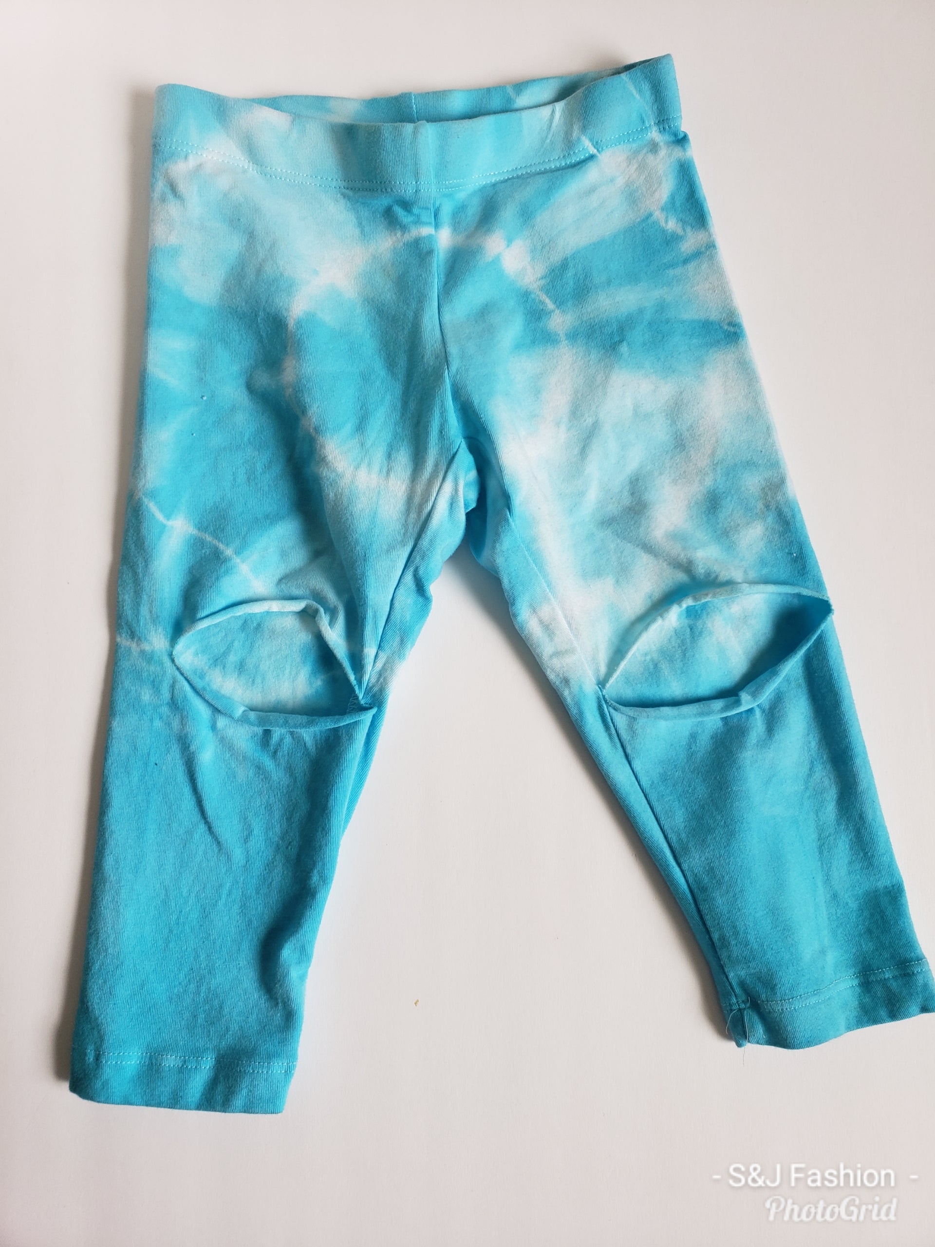 Girls Blue Tie Dye Shredded Leggings