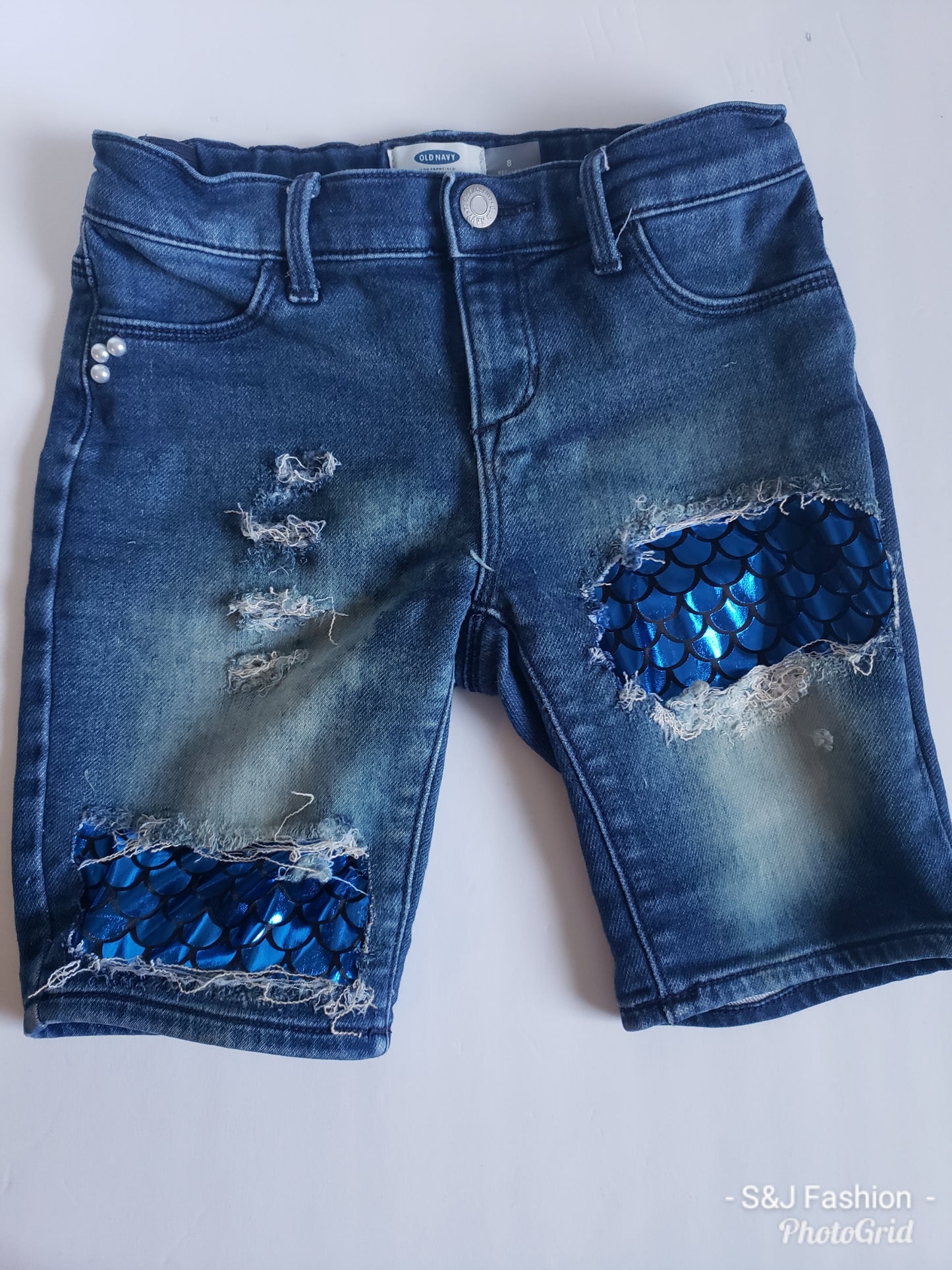 Girls Blue Mermaid Distressed Shorts