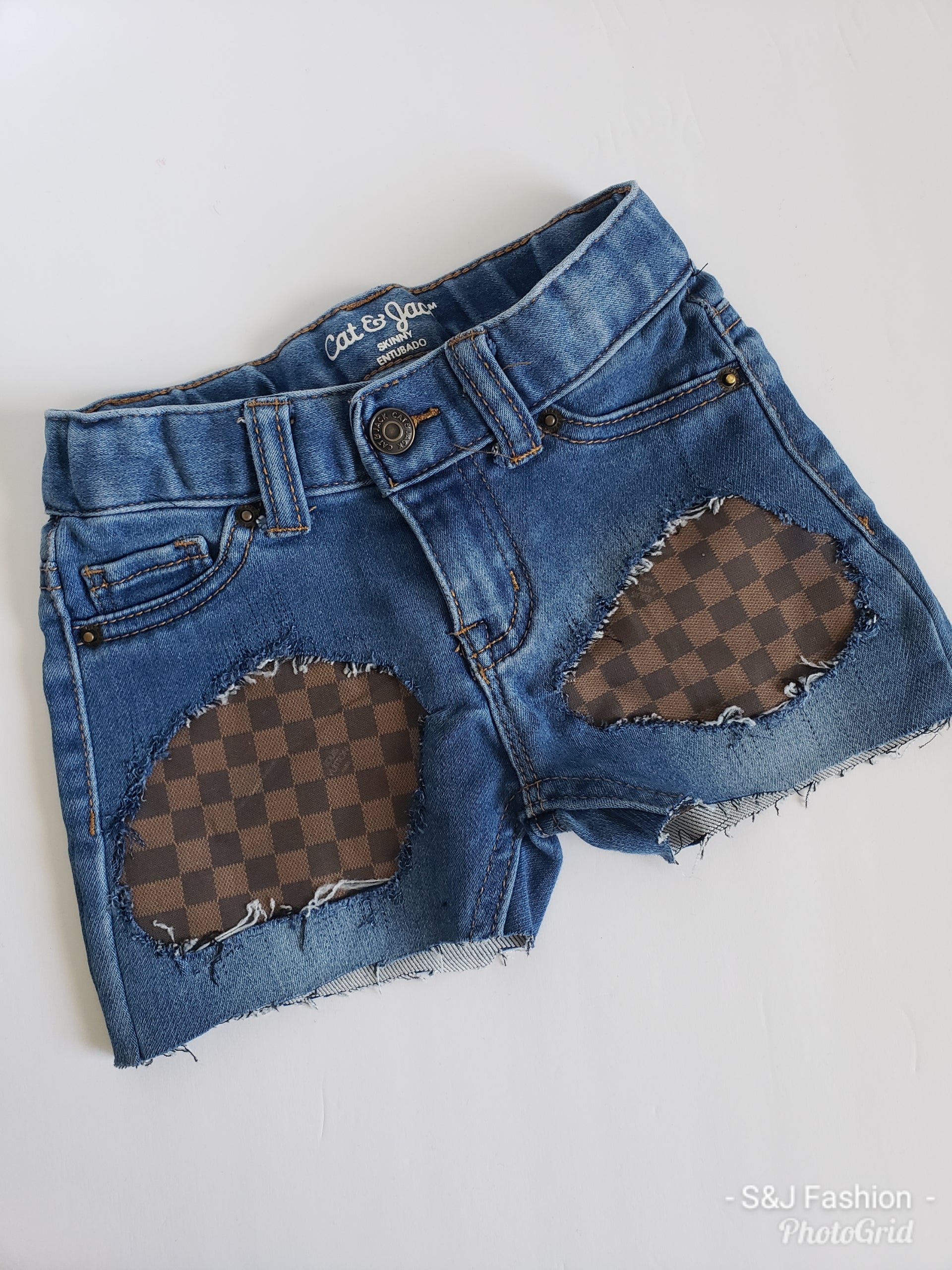 Checker LV Designer Girls Distressed Jeans Shorts Peeka Boo