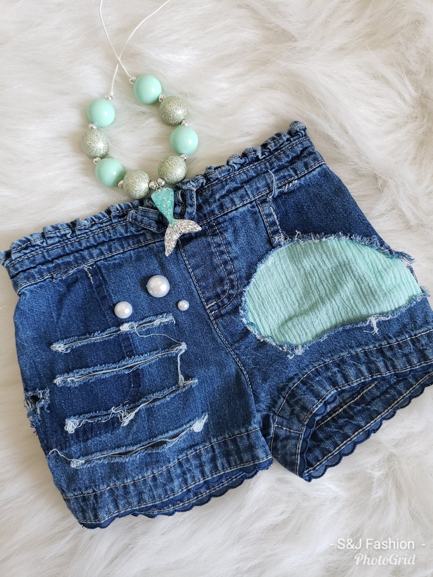 Mermaid Mint Girls Distressed Jeans Shorts