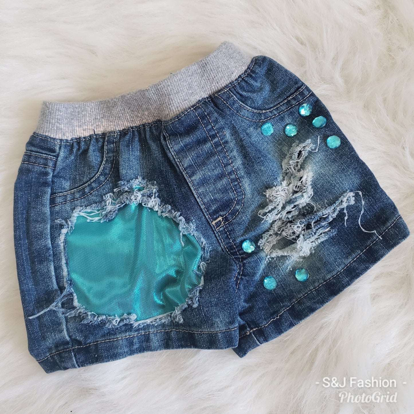 Mermaid Blue Girls Distressed Jeans Shorts