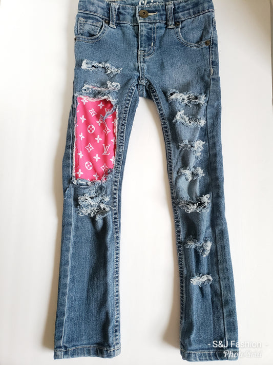 Pink LV Designer Girls Distressed Jeans