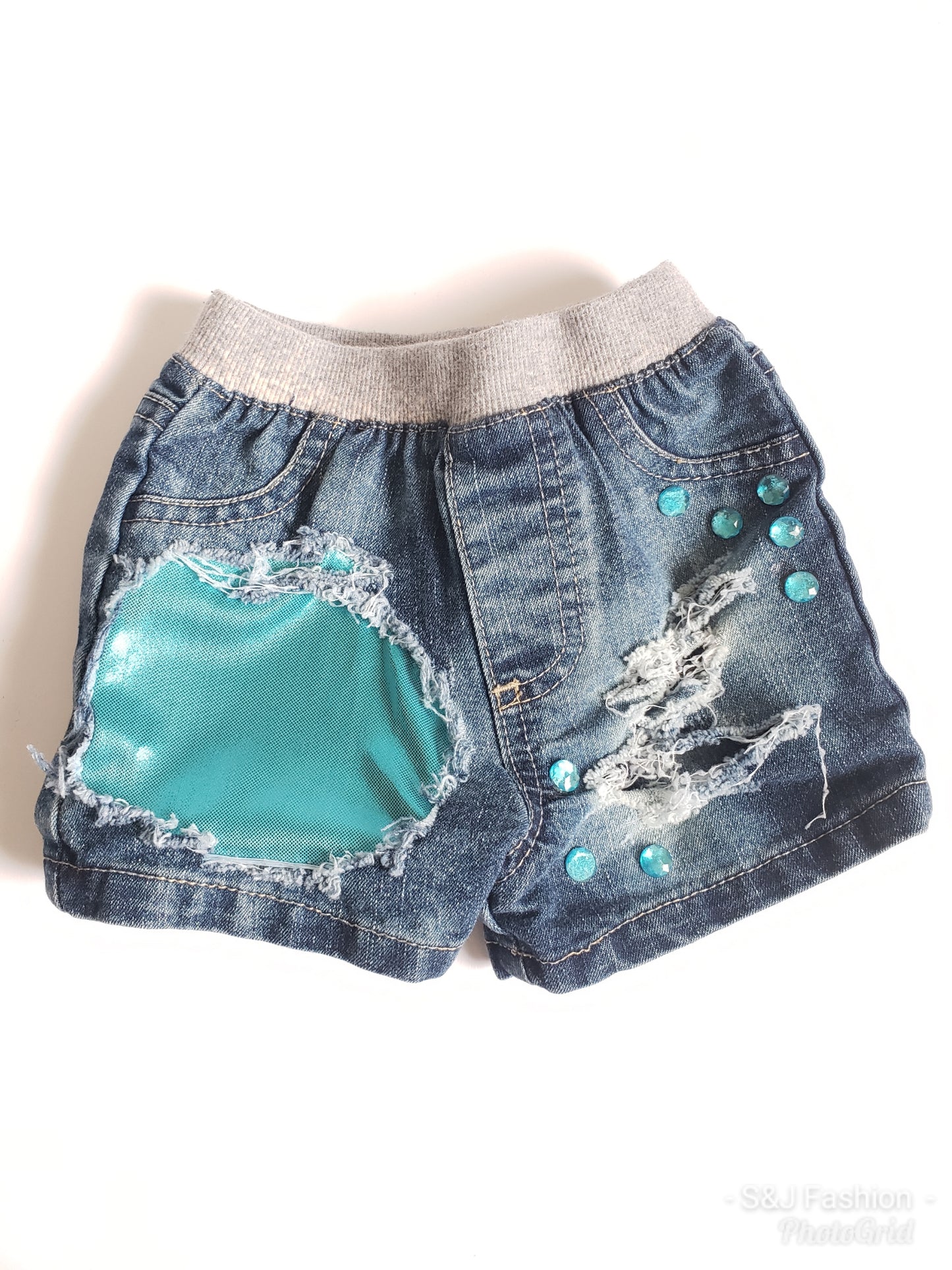 Mermaid Blue Girls Distressed Jeans Shorts