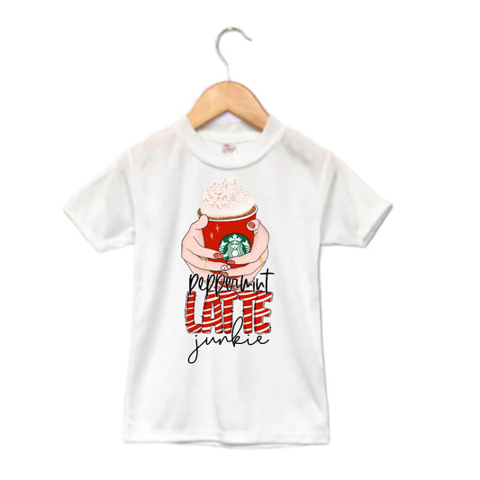 Peppermint Latte Junkie Christmas Girls Shirt Ladies Shirt