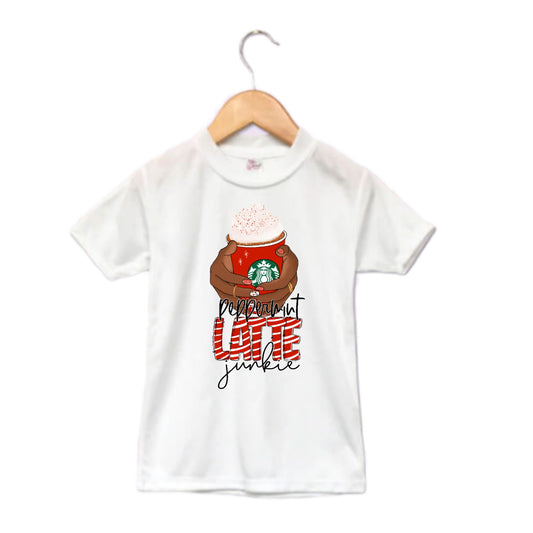 Peppermint Latte Junkie Christmas Girls Shirt Ladies Shirt