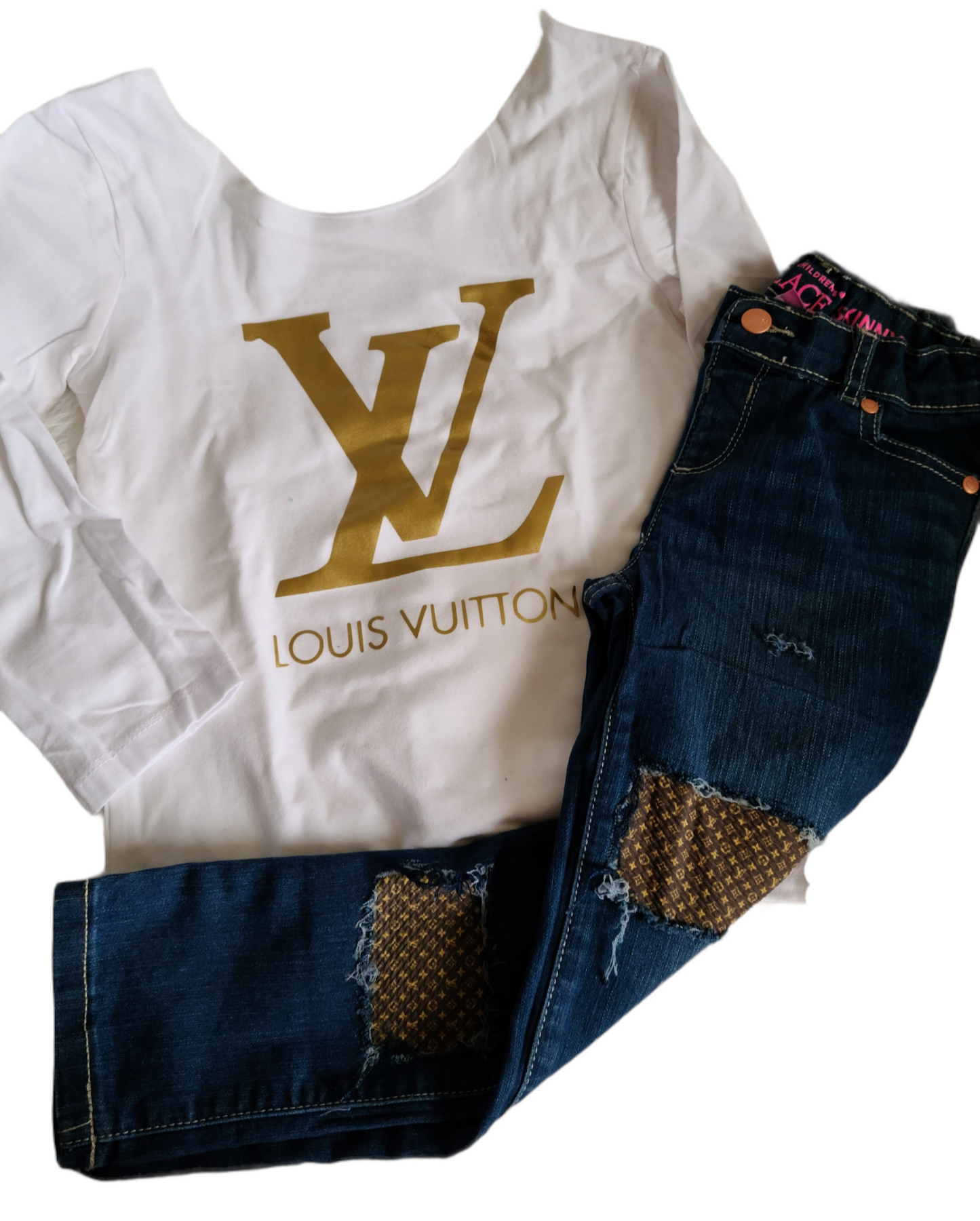 Brown LV Girls Distressed Jeans Designer
