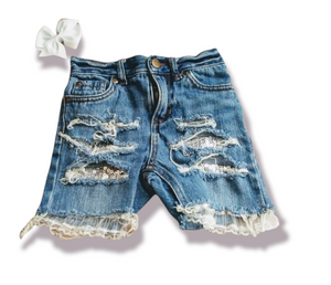 Sliver Sequin Girls Distressed Jeans Shorts