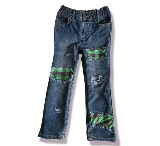 Green Buffalo Plaid Boys Distressed Jeans Shorts