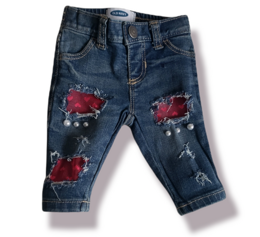 Valentine's Girls Distressed Jeans Hearts Lace Pearls