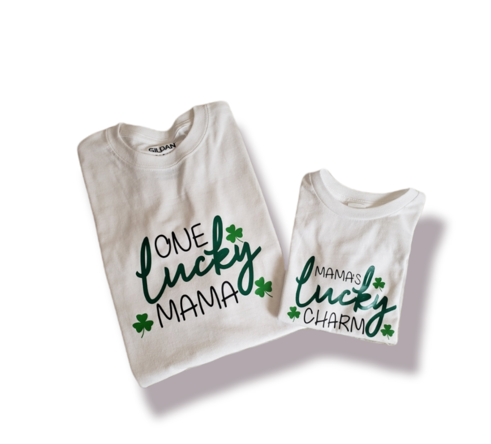 Mommy and Me St. Patrick's Shirts One Luck Mama Mama's Lucky Charm Ladies Shirt Girls Shirt