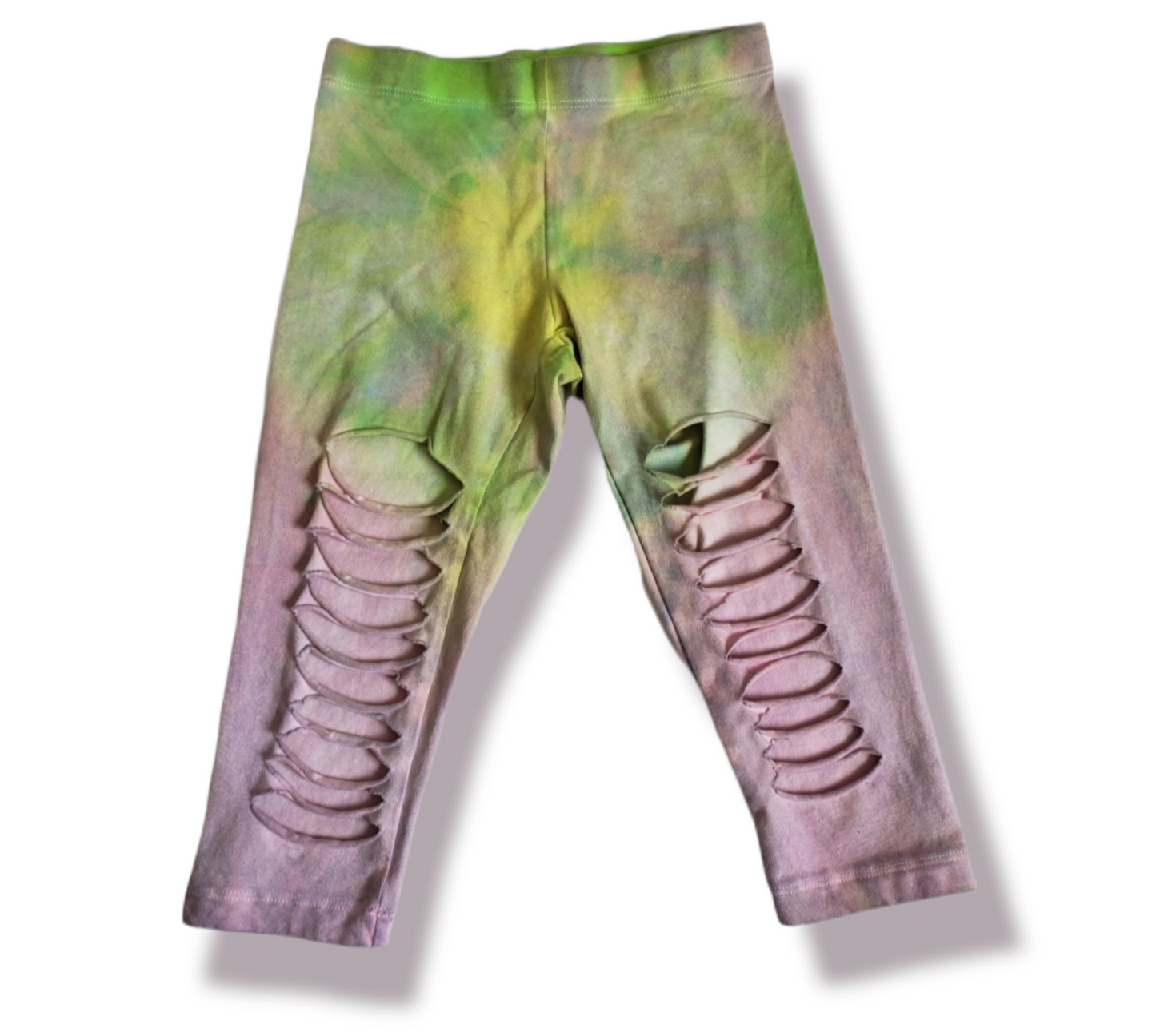 Girls Green Pink & Yellow Tie Dye Shredded Leggings