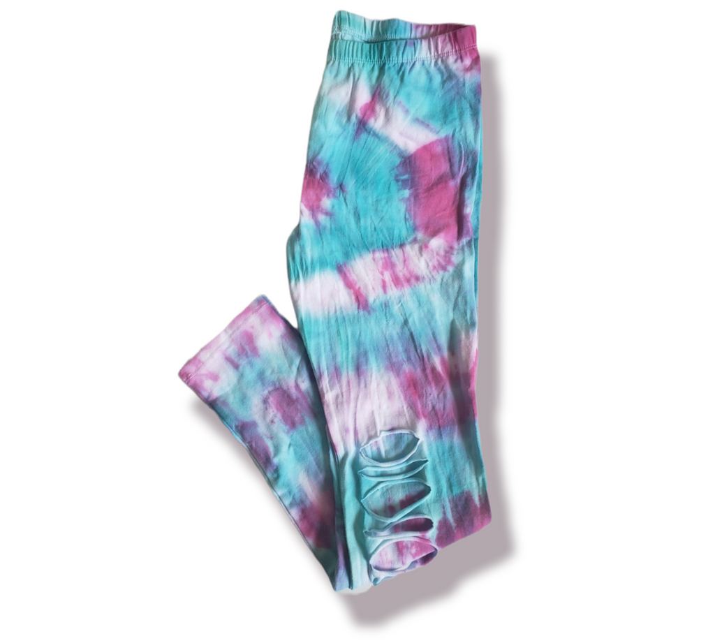 Girls Tie Dye Shredded Leggings