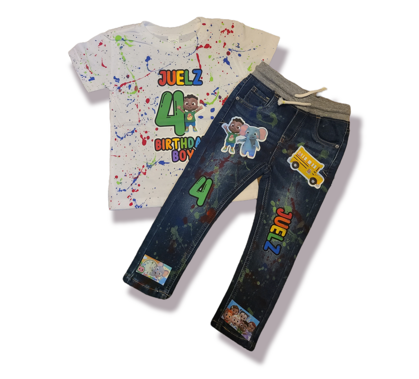 Cocomelon Paint Splatter Boys Distressed Jeans