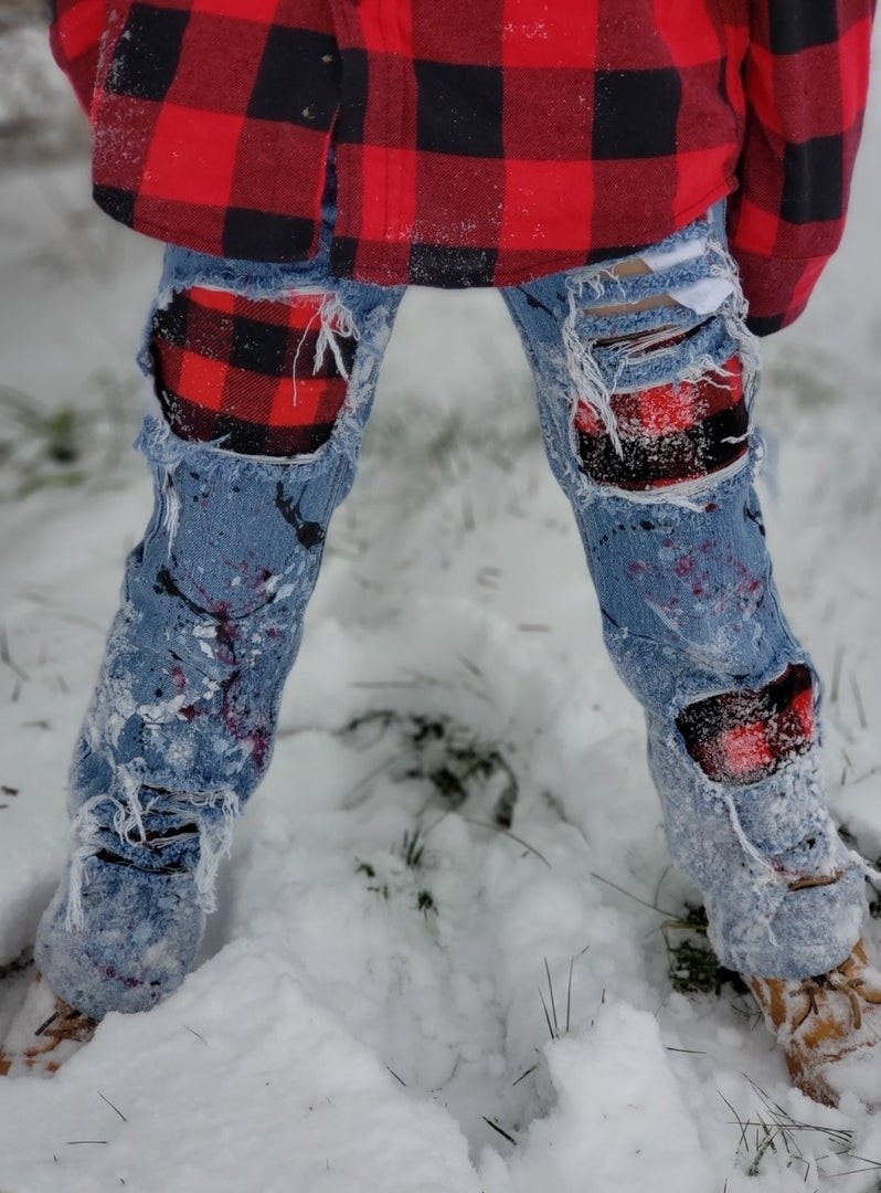 Buffalo Plaid Paint Splatters Boys Distressed Jeans Christmas