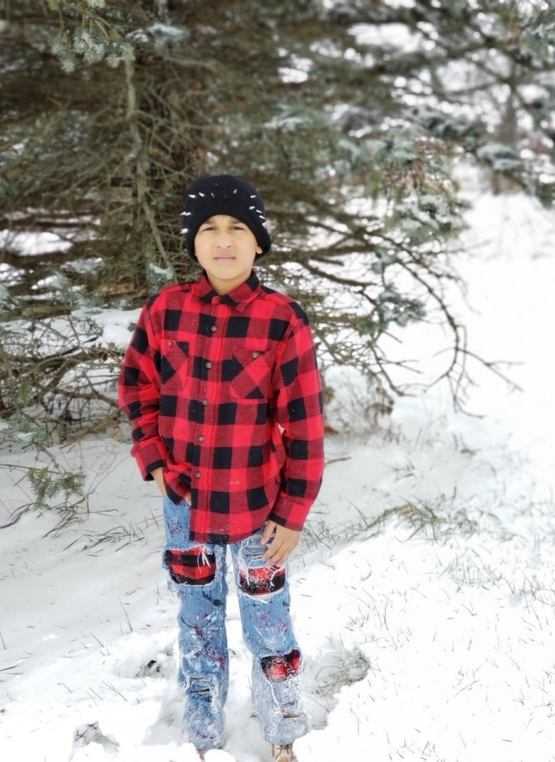 Buffalo Plaid Paint Splatters Boys Distressed Jeans Christmas