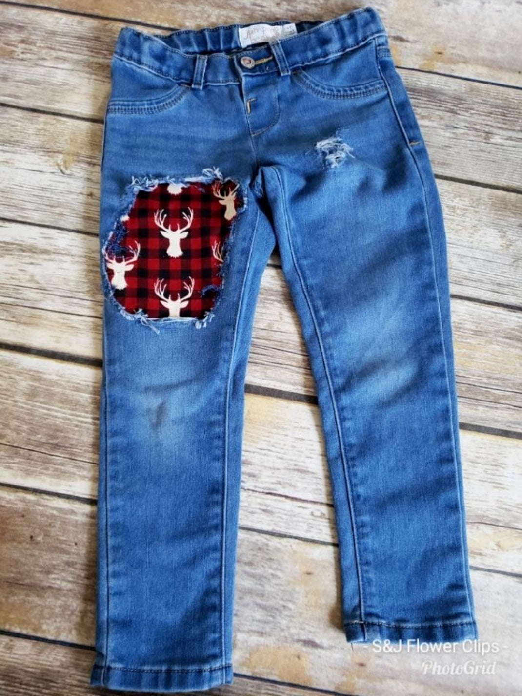 Buffalo Plaid Deer Girls Distressed Jeans Christmas