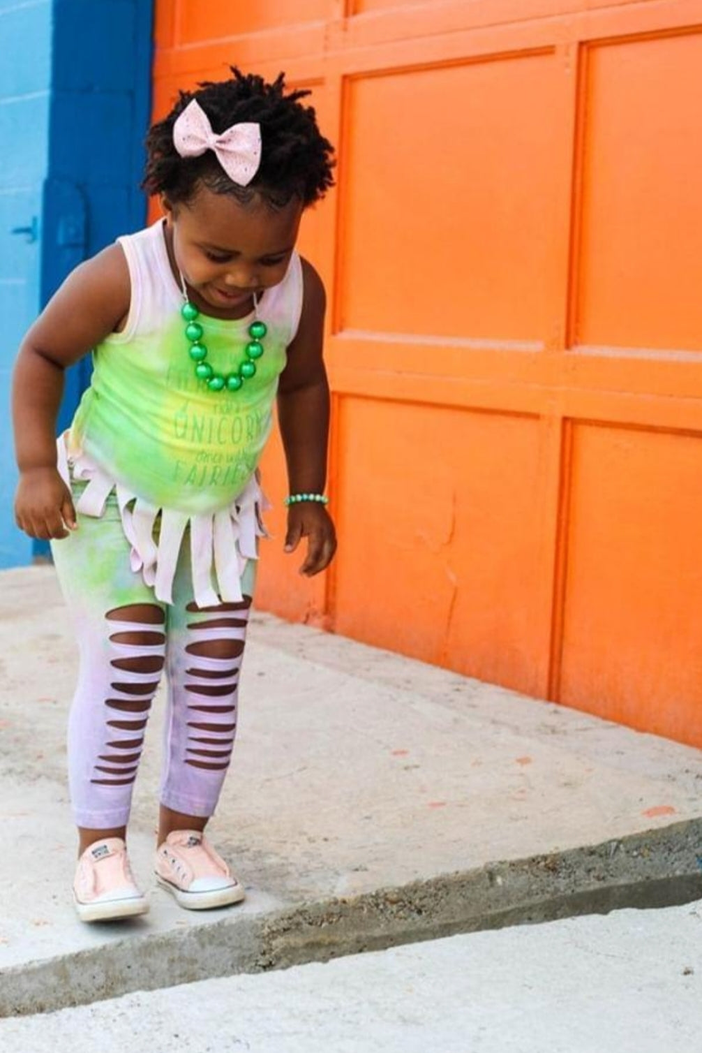 Girls Green Pink & Yellow Tie Dye Shredded Leggings