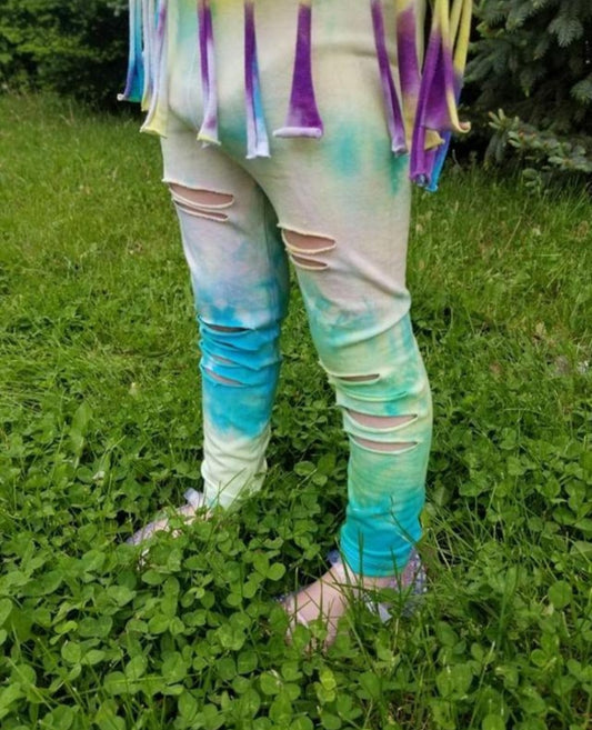 Girls Tie Dye Shredded Leggings