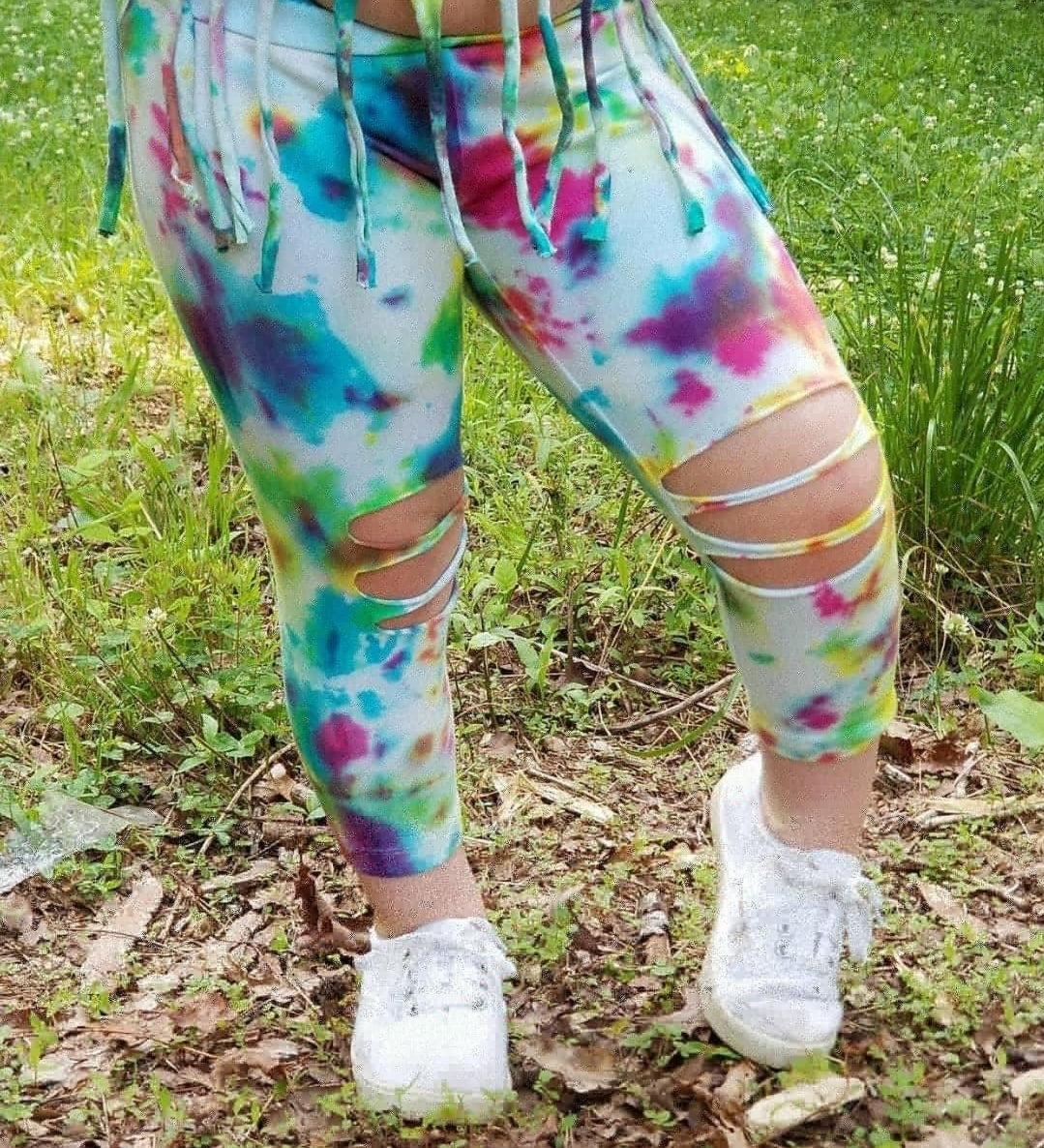 Girls Tie Dye Shredded Leggings