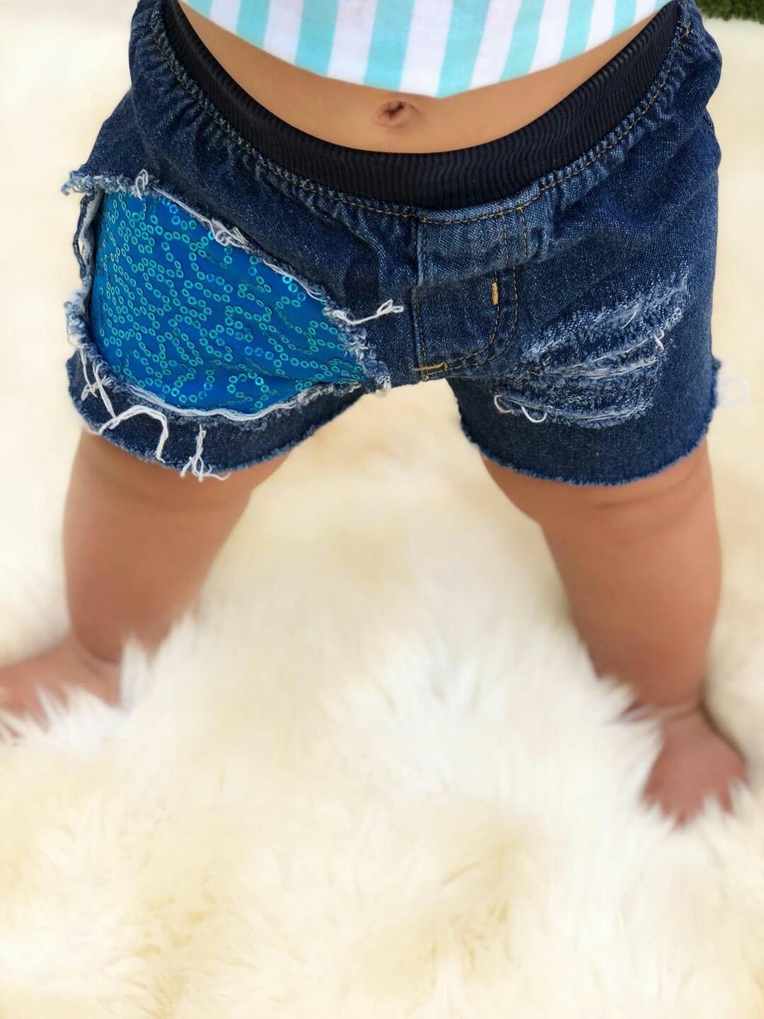 Blue Sequin Girl Distressed Jeans Shorts