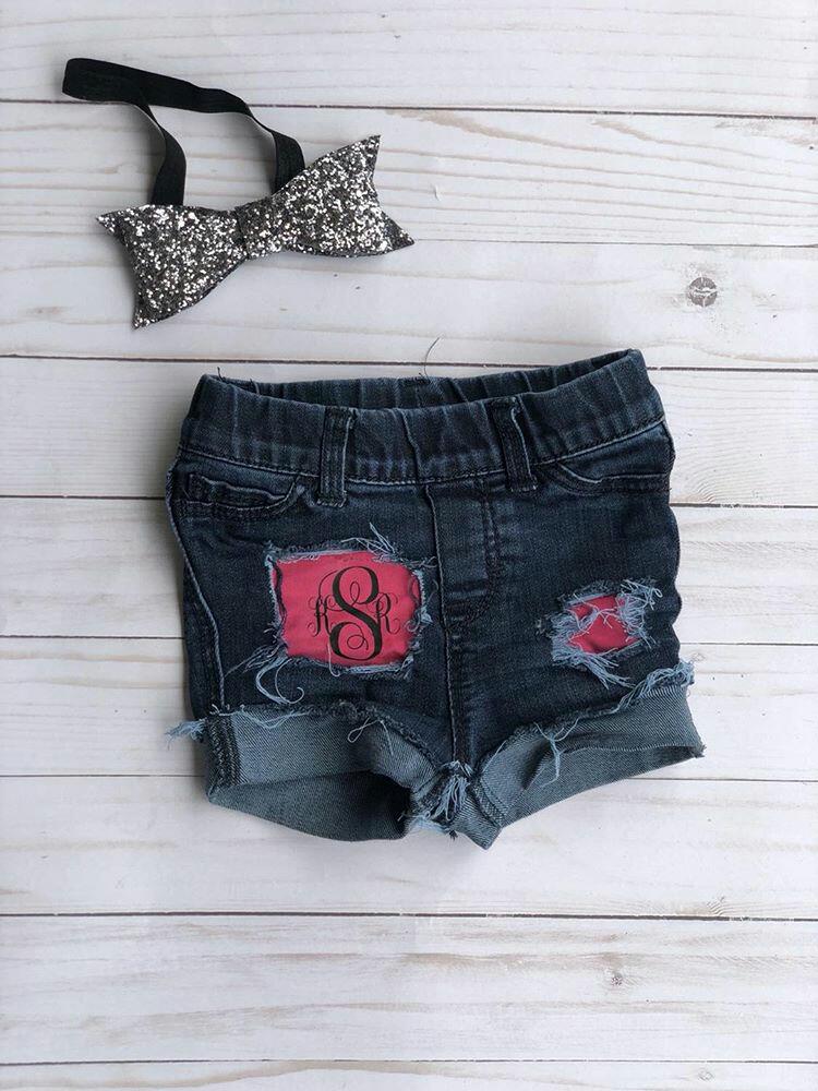 Monogrammed Girls Distressed Jeans Shorts