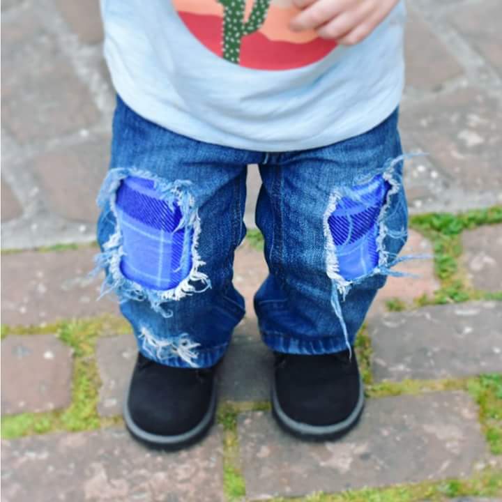 Blue Plaid Boys Distressed Jeans