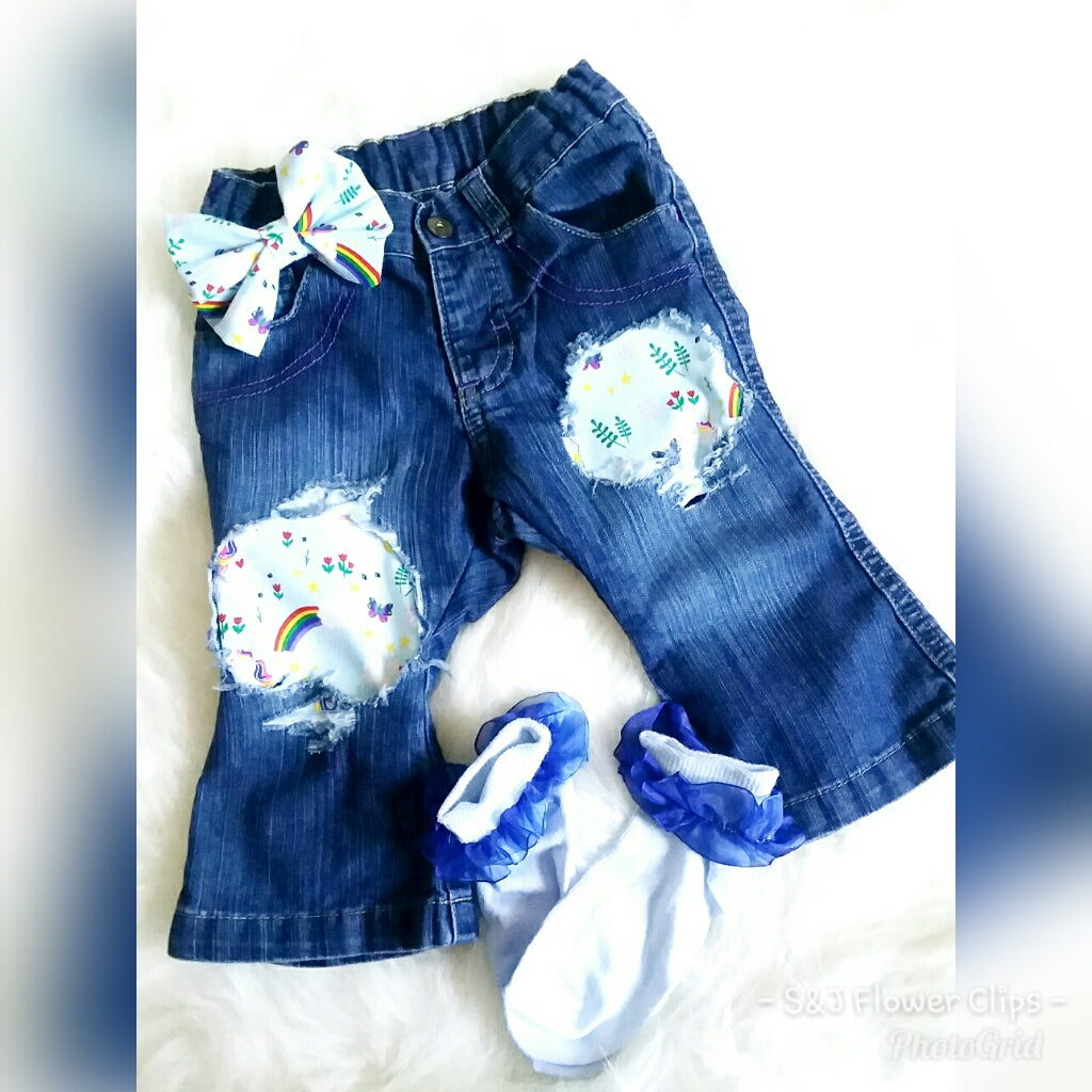 Rainbow & Unicorn Girls Distressed Jeans