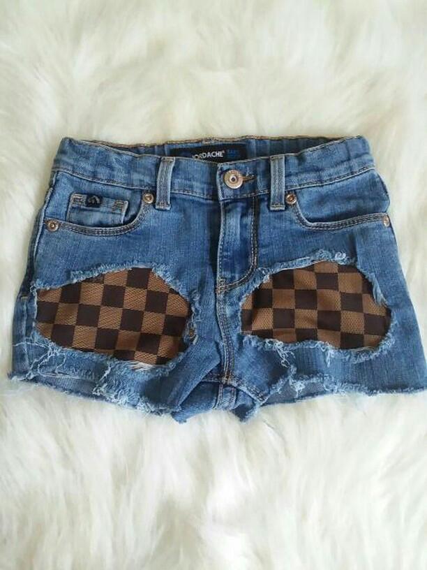 Checker LV Designer Girls Distressed Jeans Shorts Peeka Boo