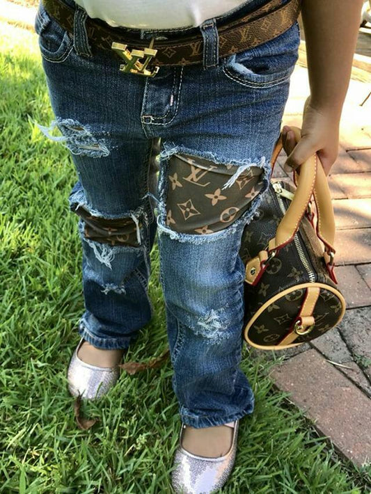 Brown LV Girls Distressed Jeans Designer