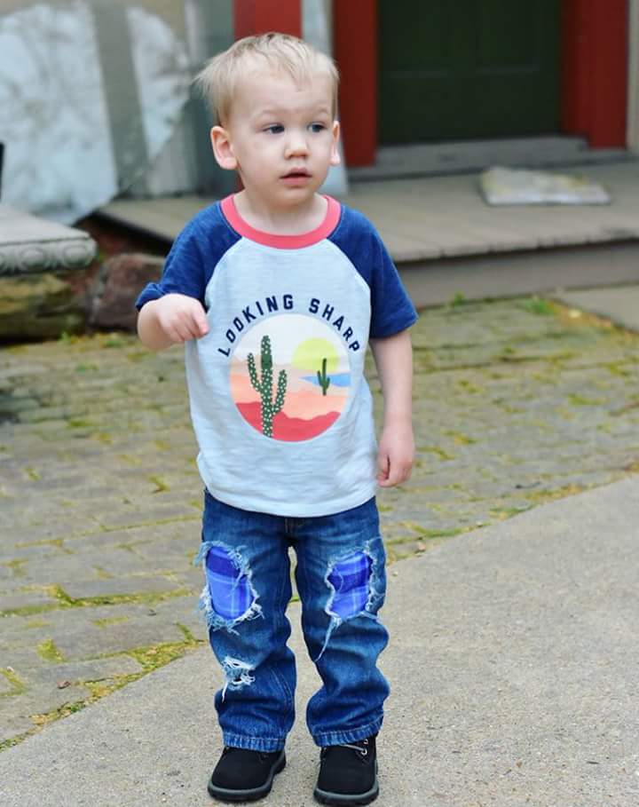 Blue Plaid Boys Distressed Jeans