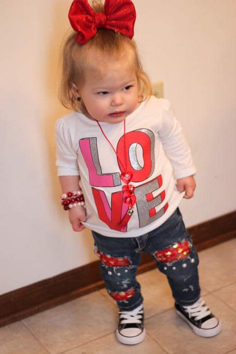 Valentine's Girls Distressed Jeans Red Gold Hearts Lace Pearls