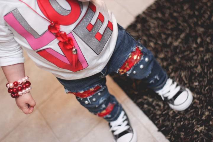 Valentine's Girls Distressed Jeans Red Gold Hearts Lace Pearls