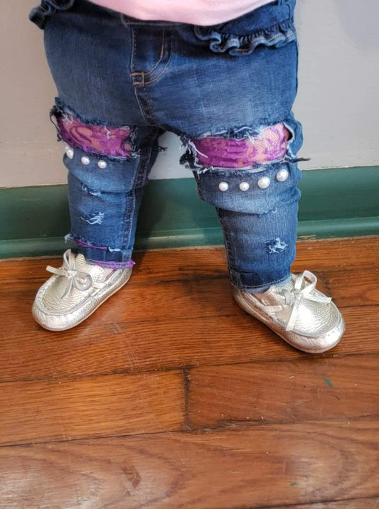 Valentine's Girls Distressed Jeans Purple Lace Pearls