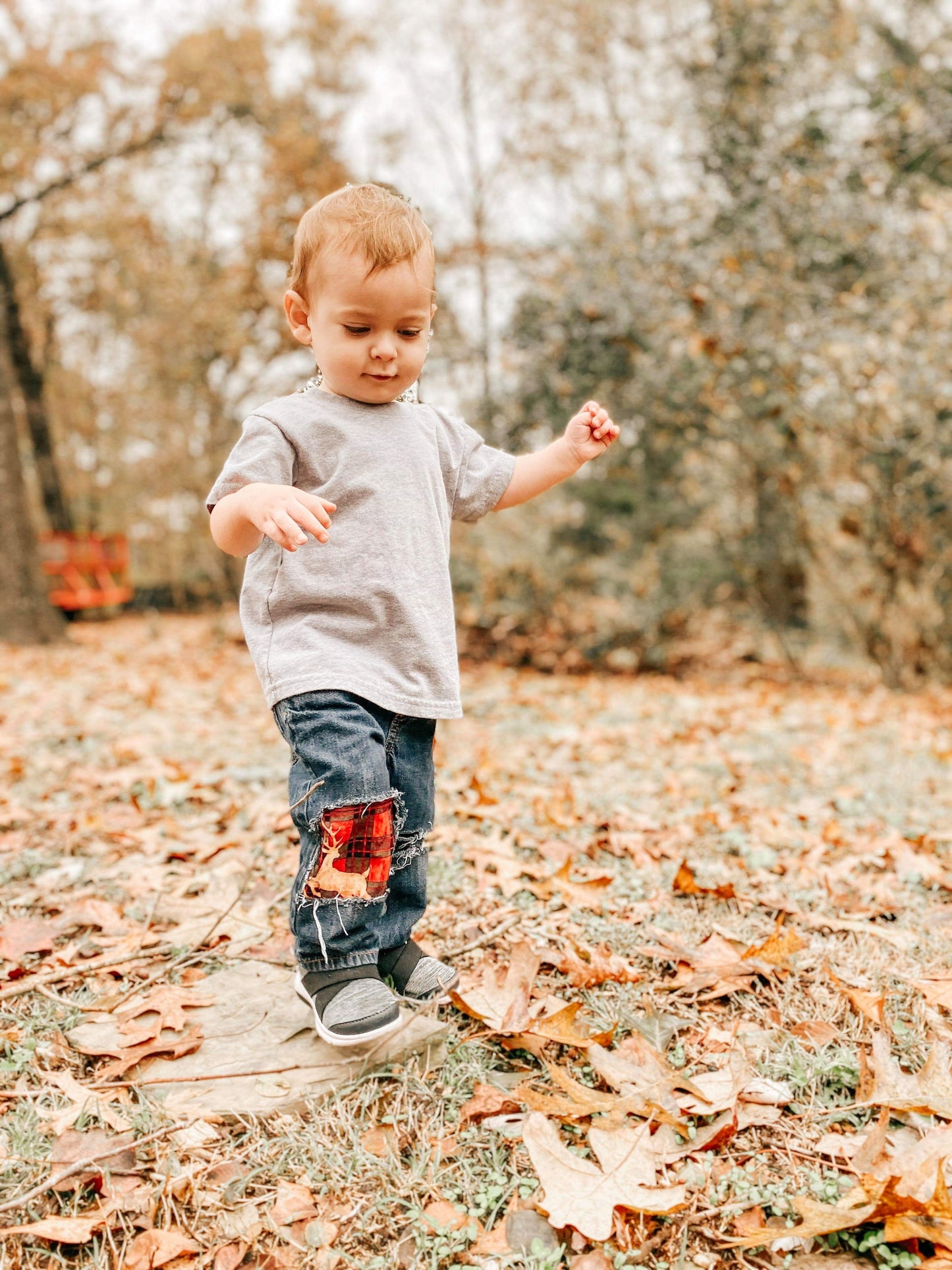 Reindeer Plaid Boys Distressed Jeans Christmas