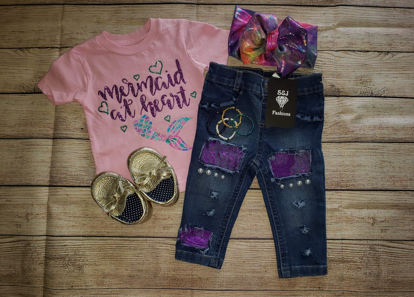 Valentine's Girls Distressed Jeans Purple Lace Pearls