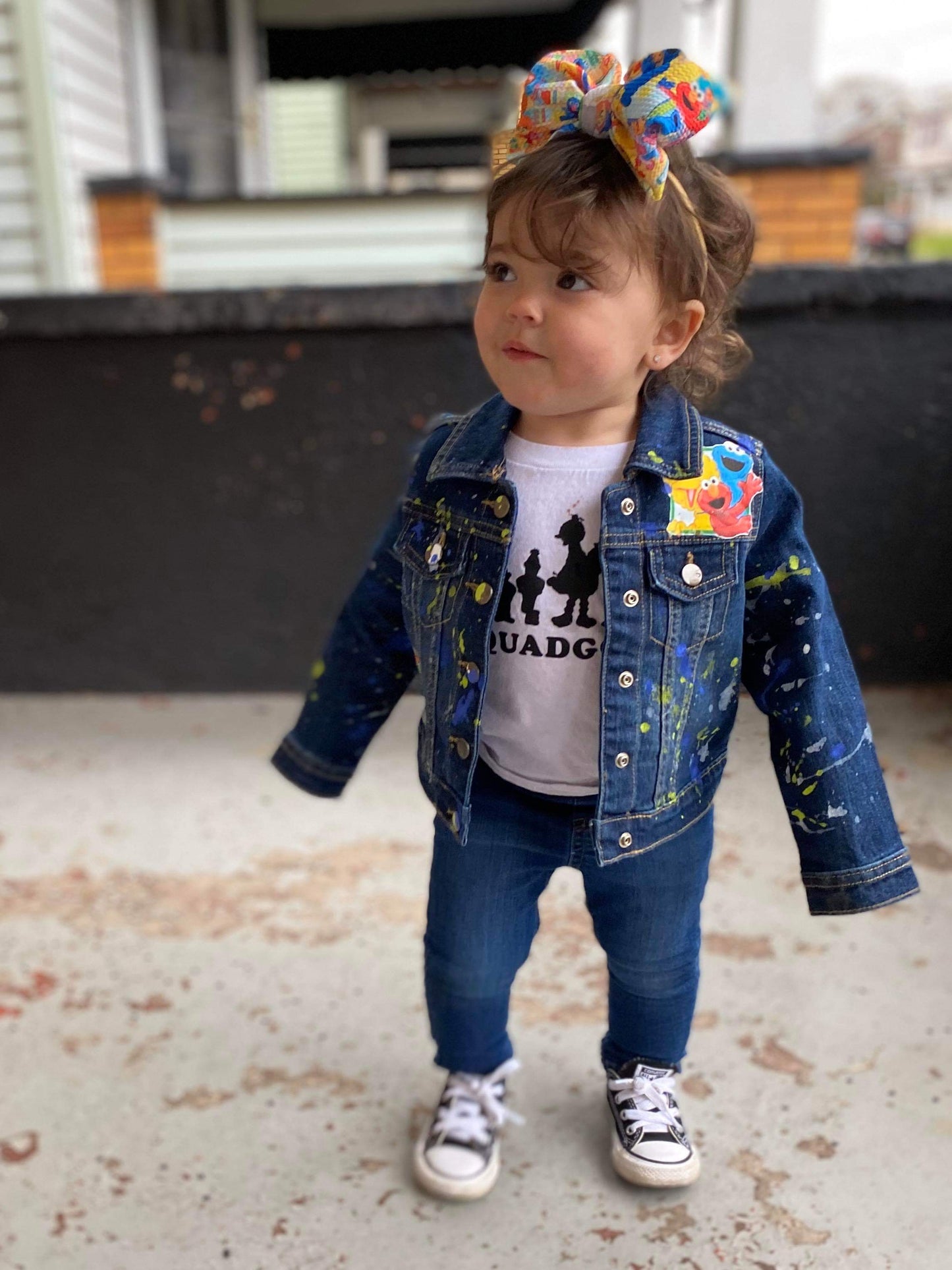 Sesame Street Denim Jacket  Girls Boys Paint Splatter