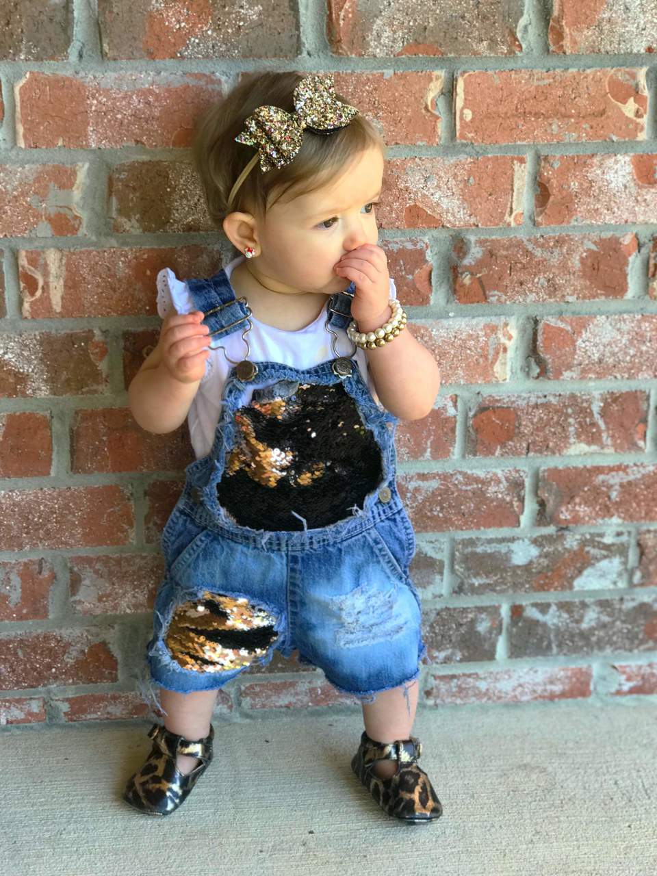 Gold Brown Sequin Distressed Overalls Shortalls Jumper