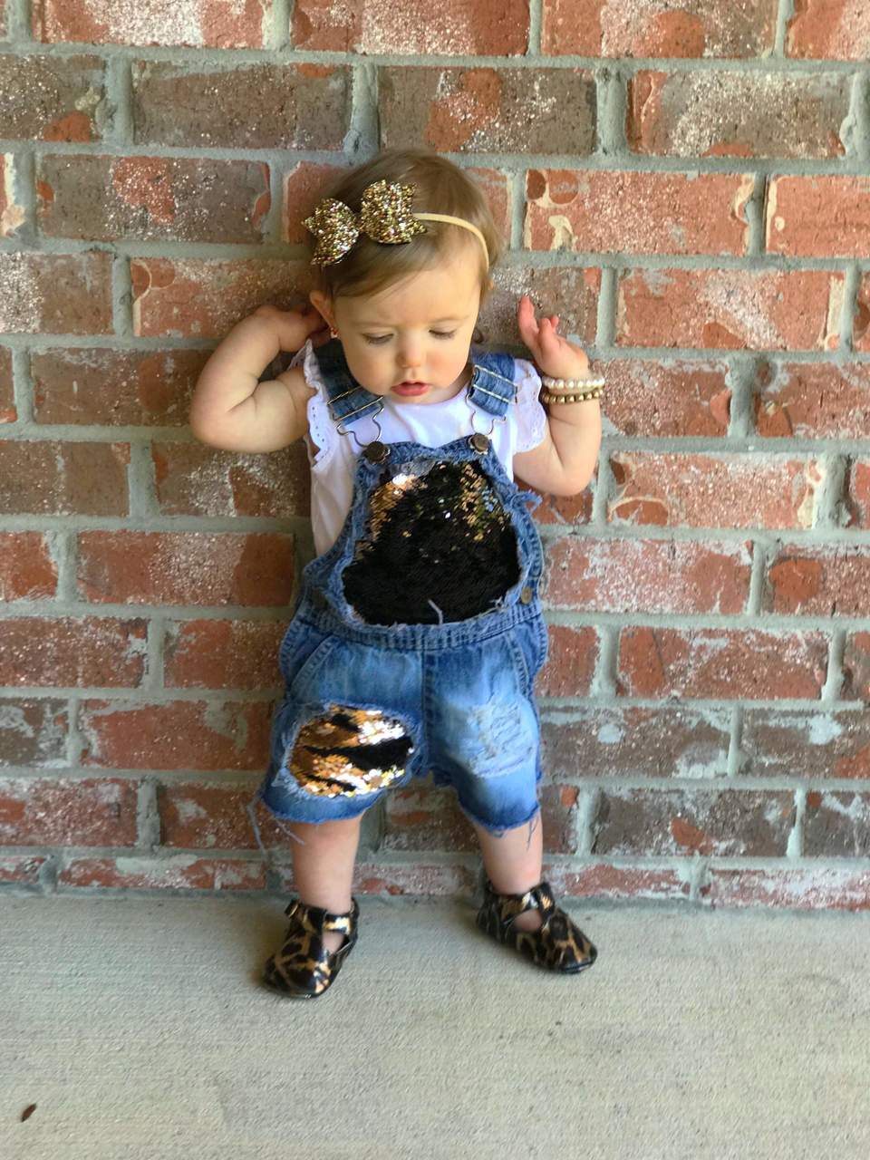 Gold Brown Sequin Distressed Overalls Shortalls Jumper