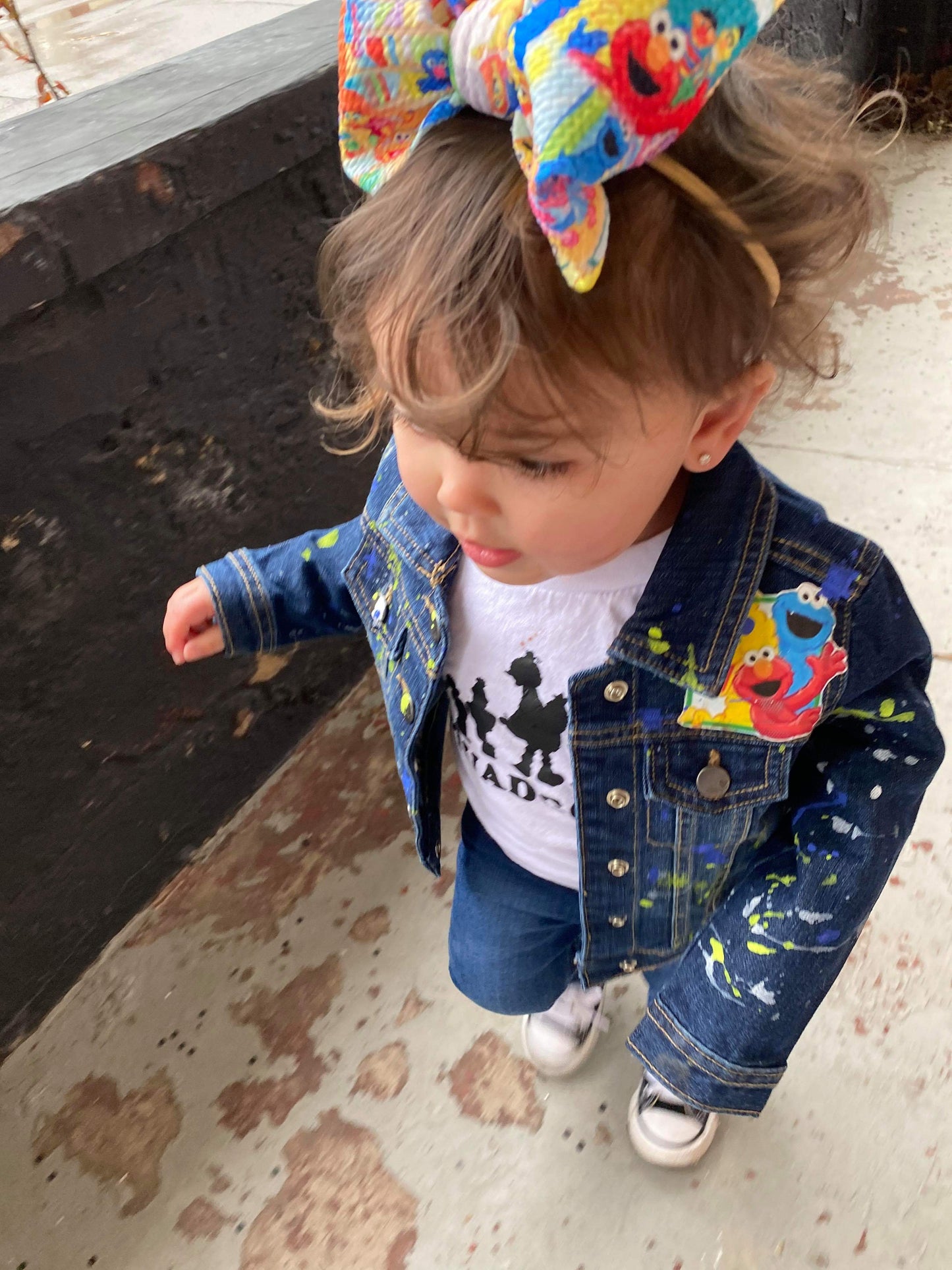 Sesame Street Denim Jacket  Girls Boys Paint Splatter