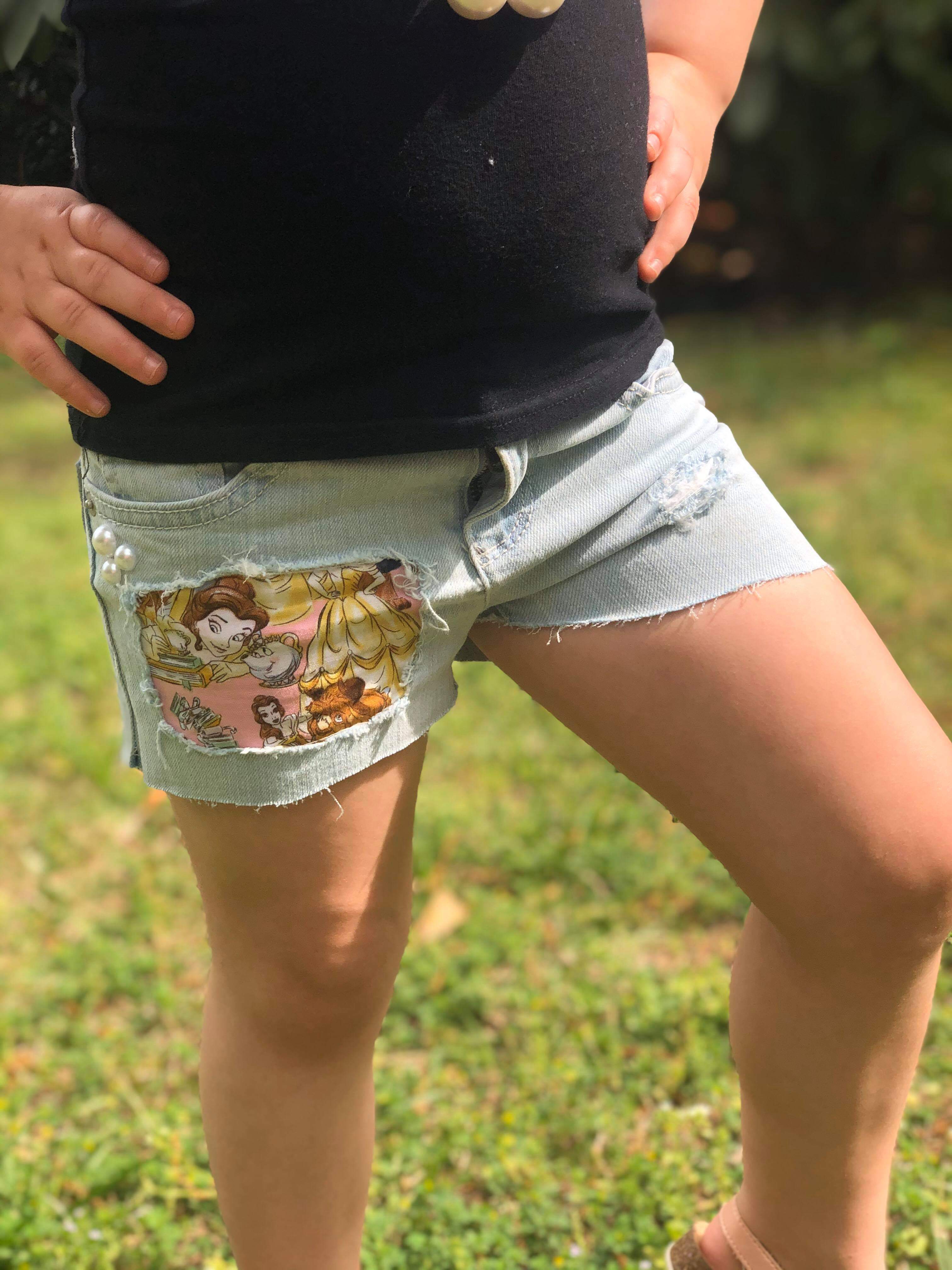 Disney Princess Belle Girls Distressed Jeans Shorts Denim